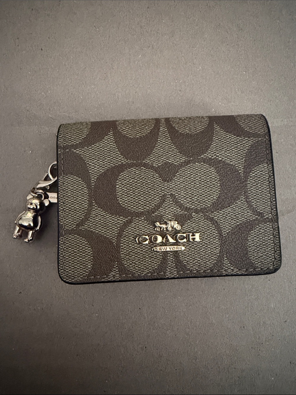 Coach Brown Signature Wallet On A Chain with Teddy Bear Charm